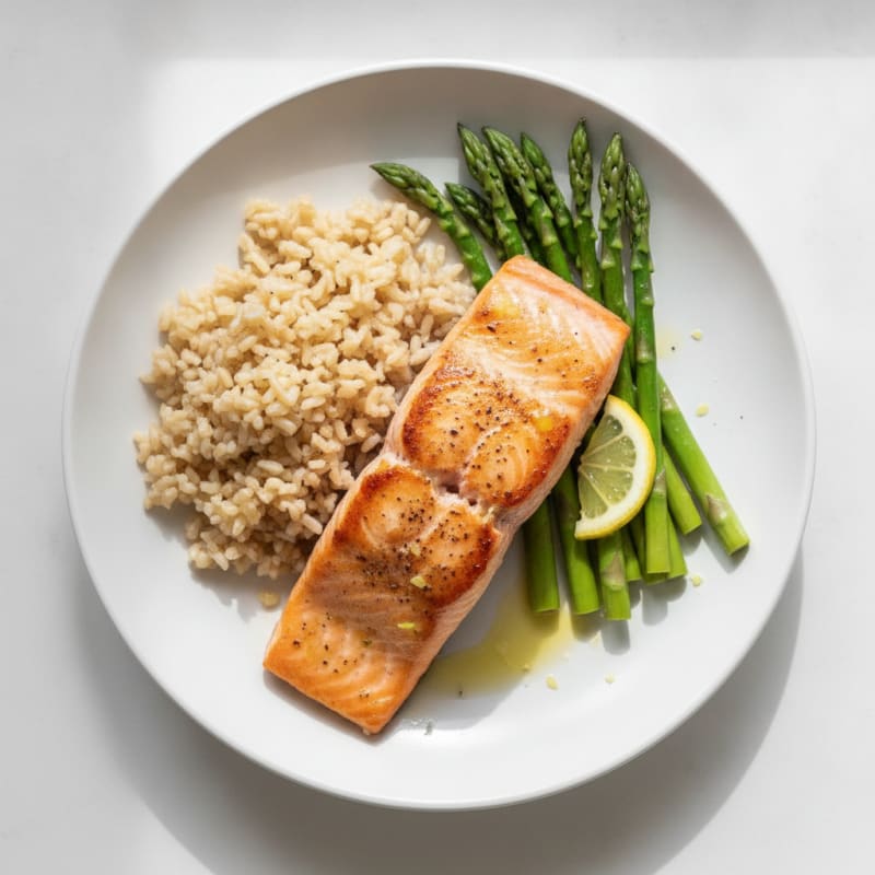 Seared Salmon with Steamed Asparagus and Brown Rice