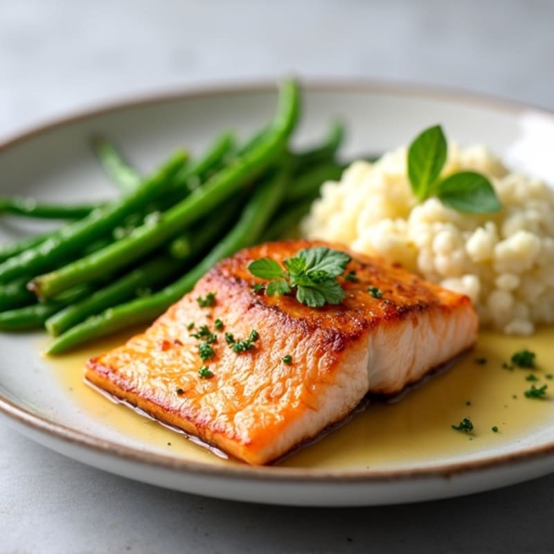 Seared Salmon with Steamed Green Beans and Garlic Mashed Cauliflower