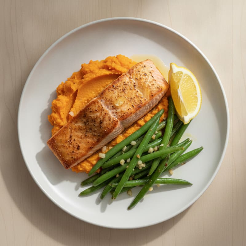 Seared Salmon with Garlic Green Beans and Sweet Potato Mash