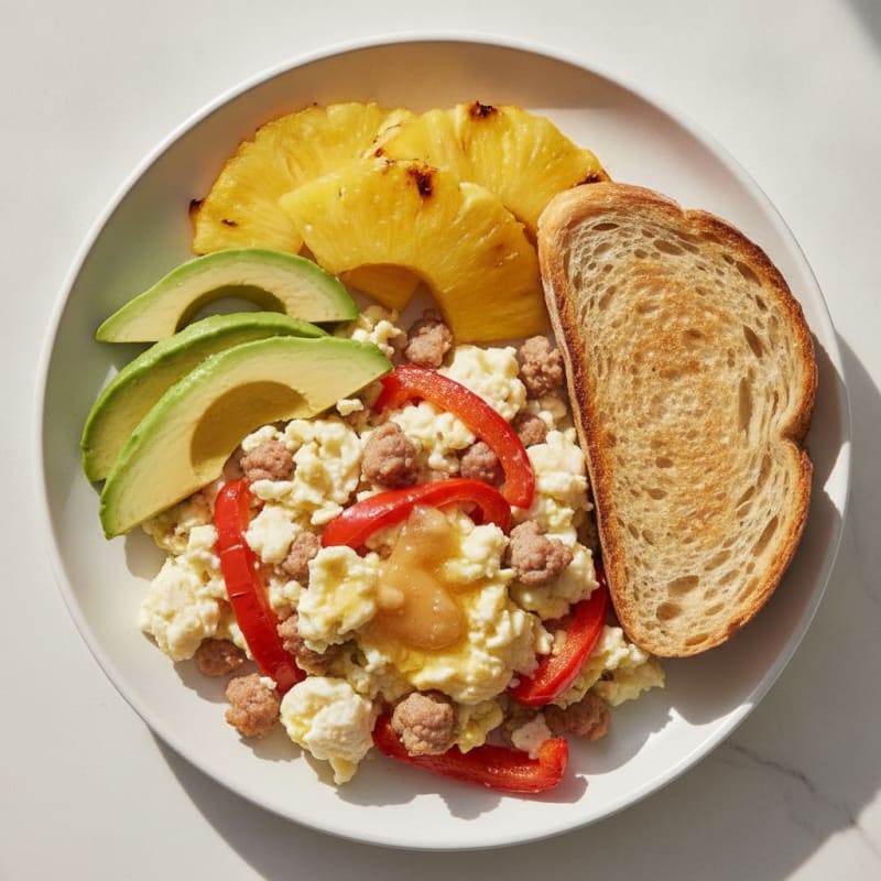 Egg White and Turkey Sausage Scramble with Roasted Peppers and Fresh Pineapple