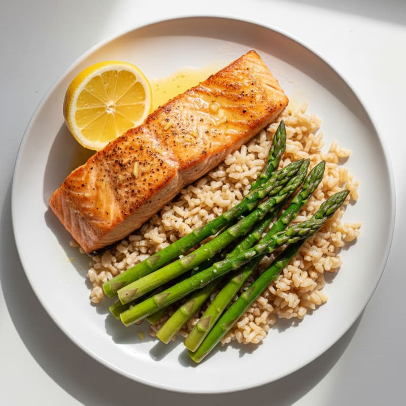 Seared Salmon with Steamed Asparagus and Brown Rice