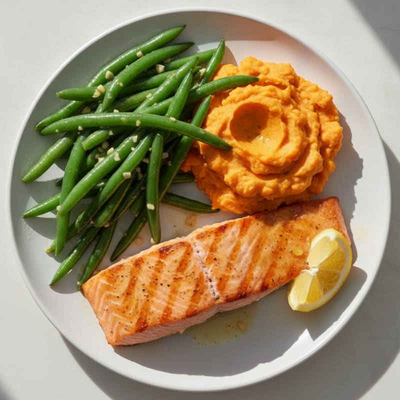 Seared Salmon with Garlic Green Beans and Mashed Sweet Potatoes