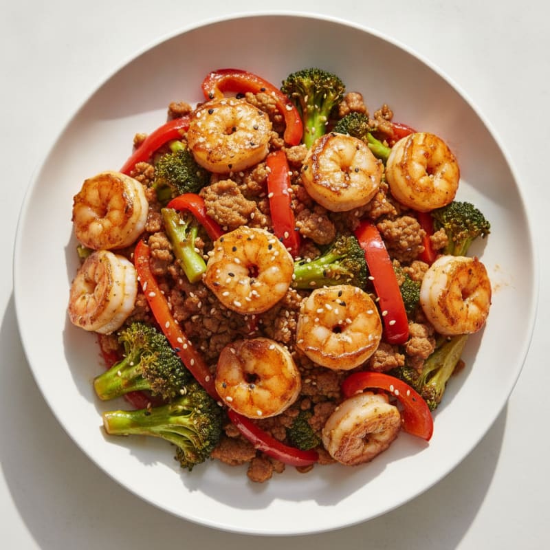 Seared Shrimp and Ground Turkey Stir-Fry with Broccoli and Bell Peppers