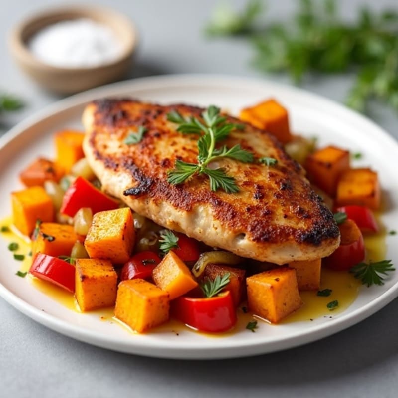 Crispy Roasted Chicken and Sweet Potato Hash