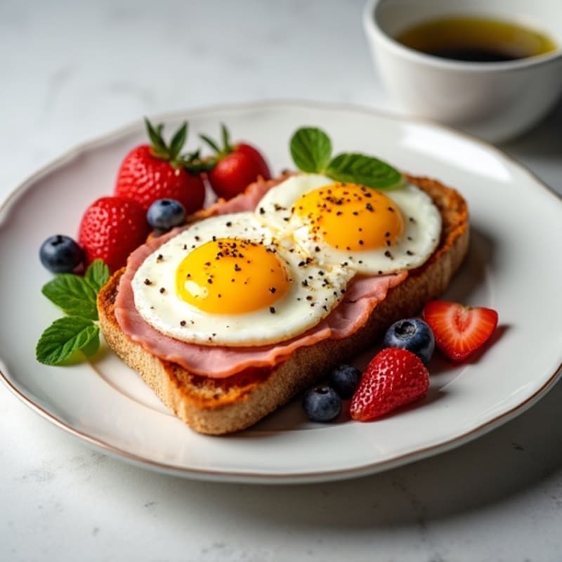 Crispy Egg and Ham Toast with Fresh Berry Salad