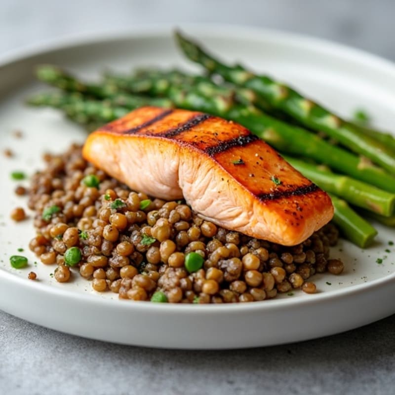 Seared Salmon with Asparagus and Lentil Salad