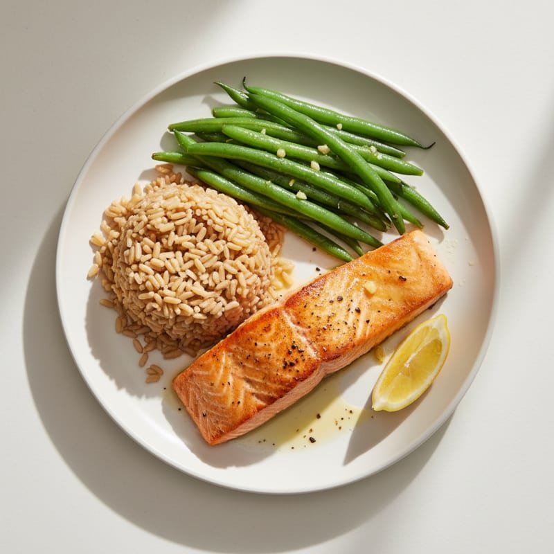 Seared Salmon Fillet with Garlic Green Beans and Brown Rice