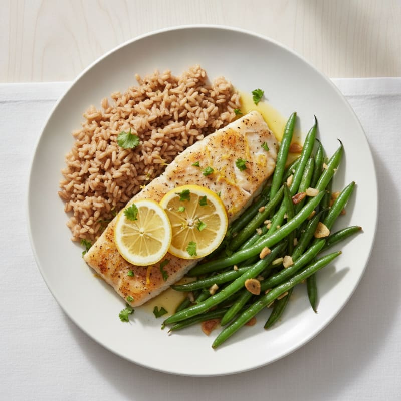 Baked Cod with Garlic Herb Green Beans and Brown Rice