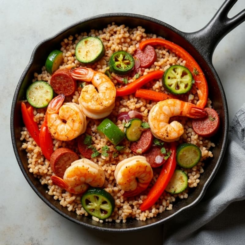 Spicy Chicken, Shrimp, and Smoked Sausage Skillet with Brown Rice and Crisp Vegetables