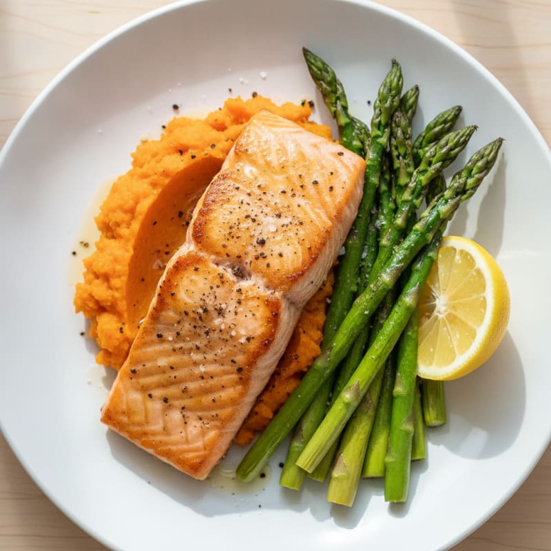 Seared Salmon Fillet with Roasted Asparagus and Sweet Potato Mash
