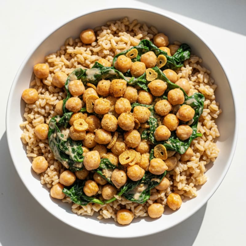 Creamy Chickpea and Spinach Stir Fry with Brown Rice