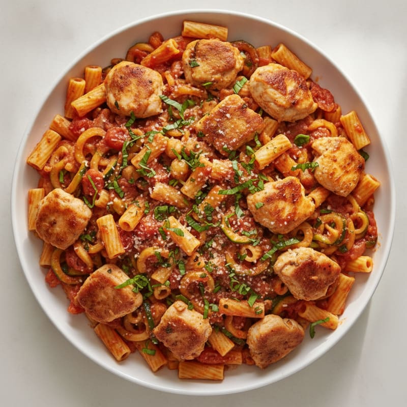 Chicken Thigh and Zucchini Pasta Toss with Tomato Basil Sauce
