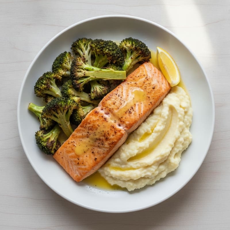 Seared Salmon with Roasted Broccoli and Garlic Mashed Cauliflower