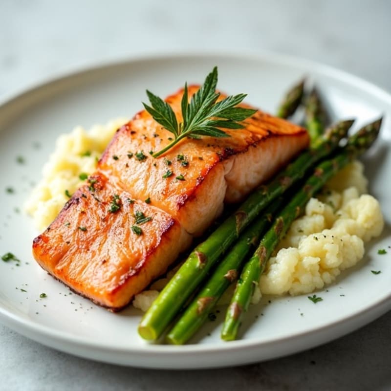 Seared Salmon Fillet with Roasted Asparagus and Garlic Mashed Cauliflower