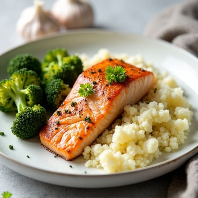 Seared Salmon Fillet with Roasted Broccoli and Garlic Mashed Cauliflower