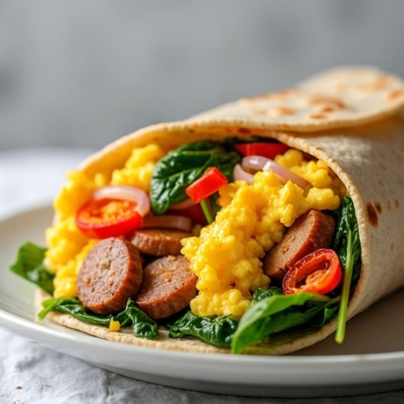 Lean Turkey Sausage and Scrambled Egg Breakfast Burrito with Sautéed Veggies