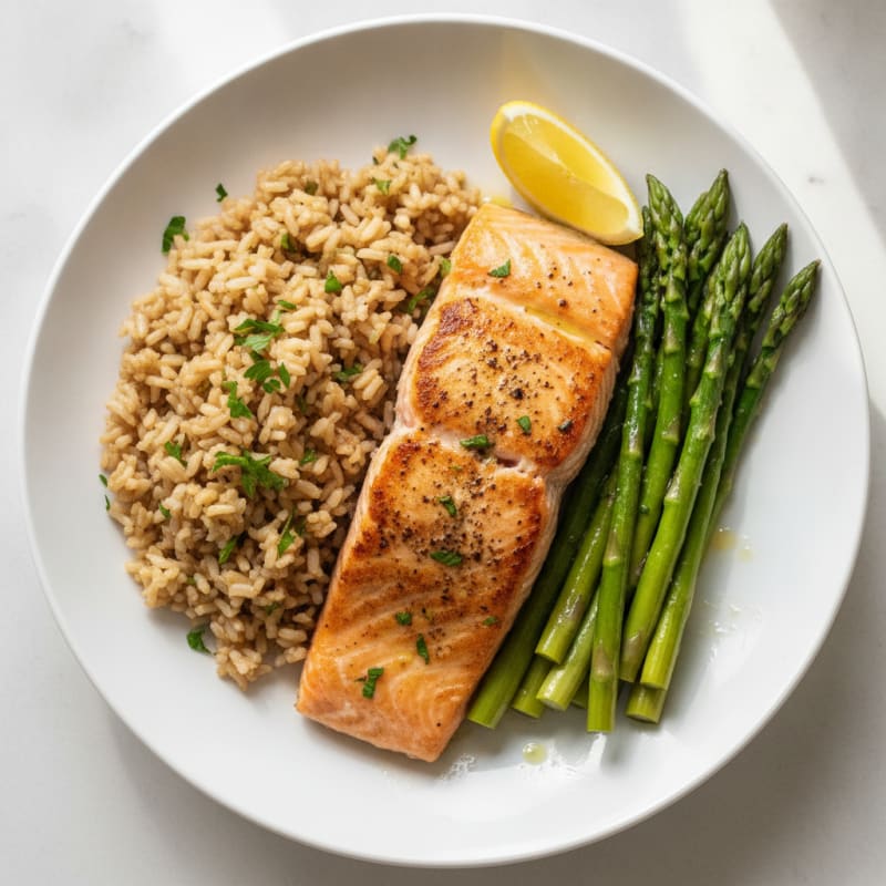 Seared Salmon Fillet with Steamed Asparagus and Herbed Brown Rice