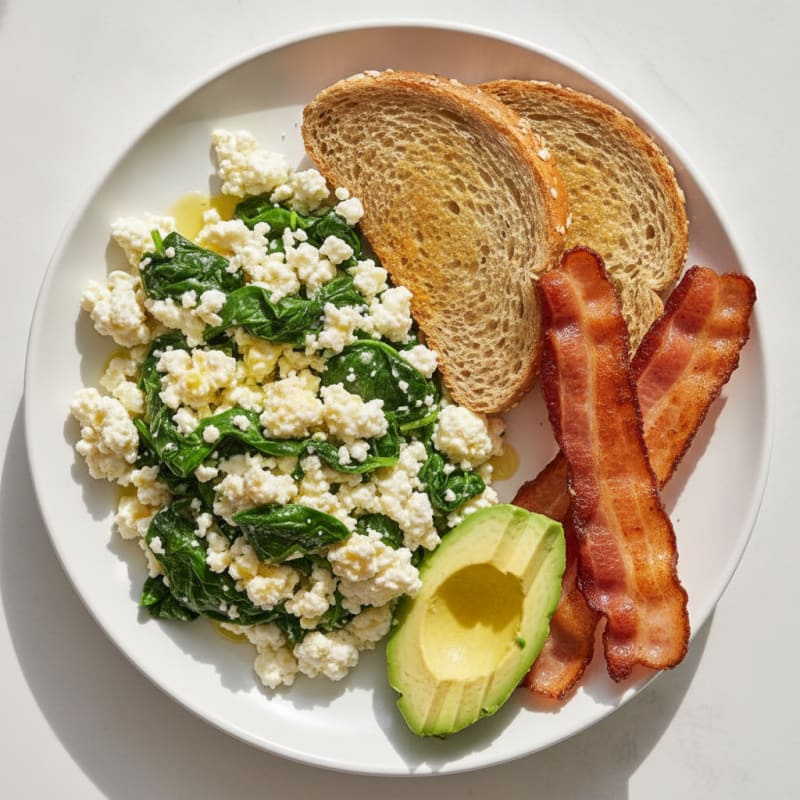 Cottage Cheese Scramble with Spinach and Turkey Bacon