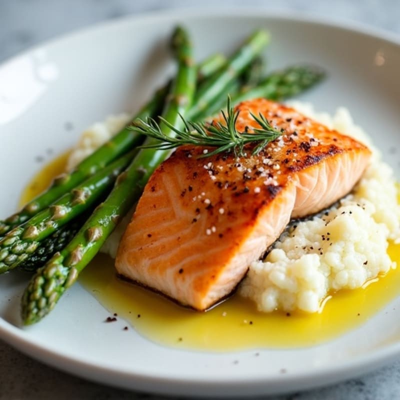 Seared Salmon with Steamed Asparagus and Cauliflower Mash