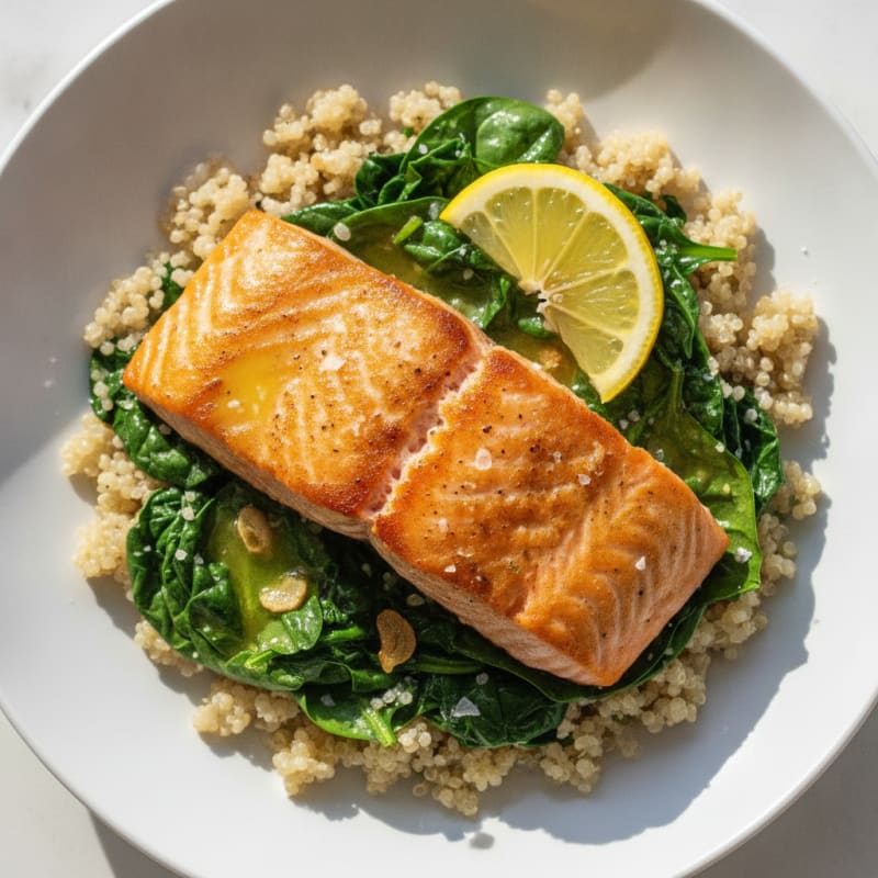 Seared Salmon Fillet with Quinoa and Garlic Sautéed Spinach