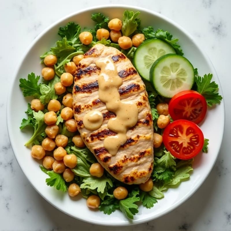 Grilled Chicken Breast Salad with Chickpeas and Lemon Tahini Dressing