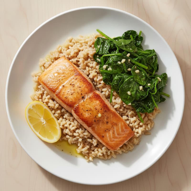Seared Salmon Fillet with Garlic Spinach and Brown Rice
