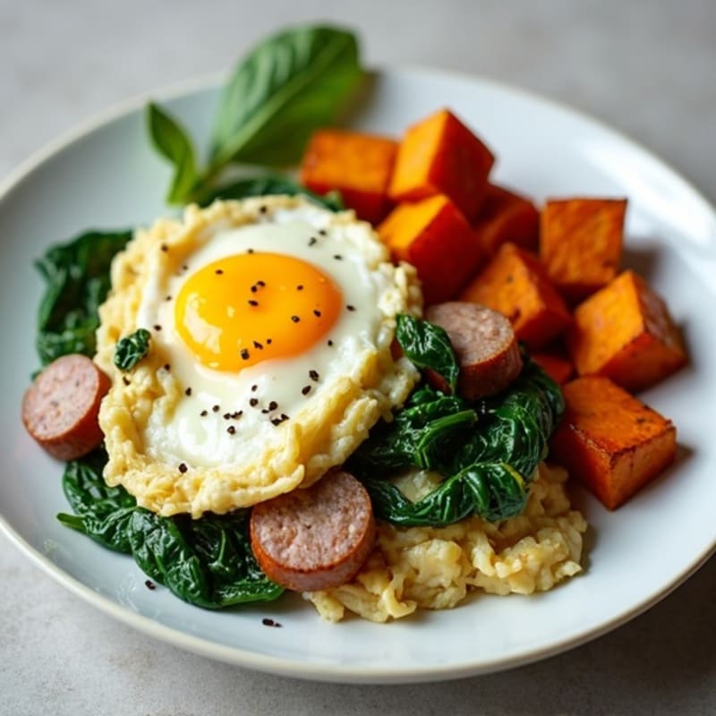 Egg White and Turkey Sausage Scramble with Spinach and Roasted Sweet Potato