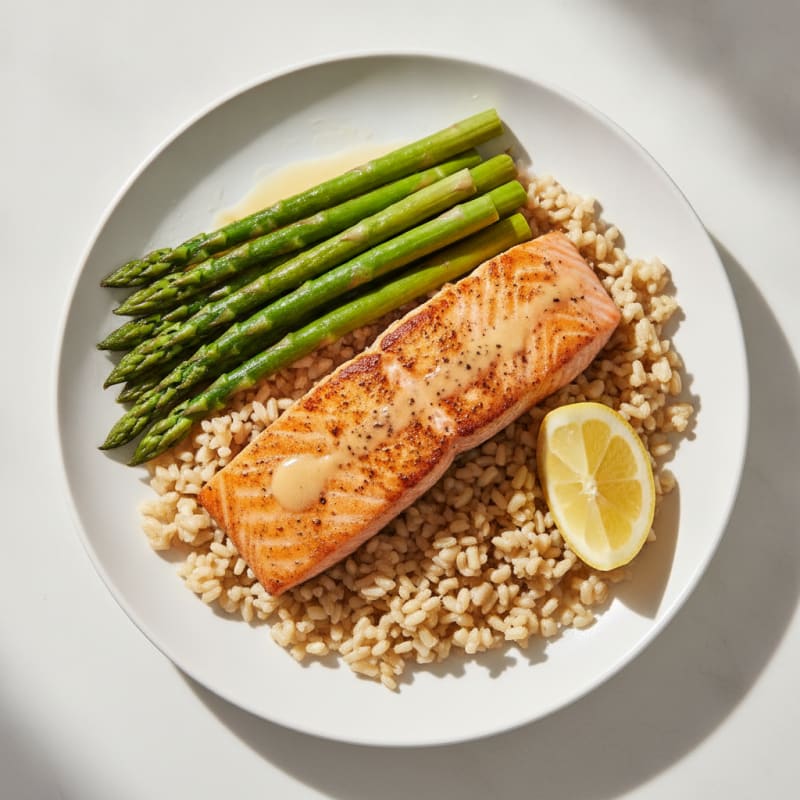 Seared Salmon with Steamed Asparagus and Brown Rice