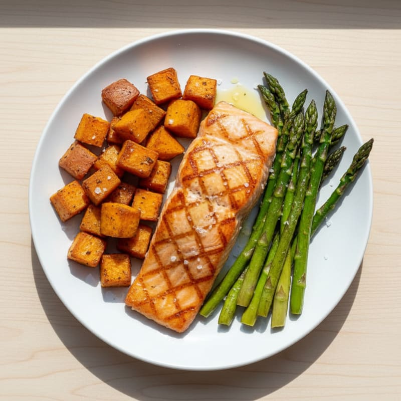 Seared Salmon with Roasted Sweet Potato and Asparagus