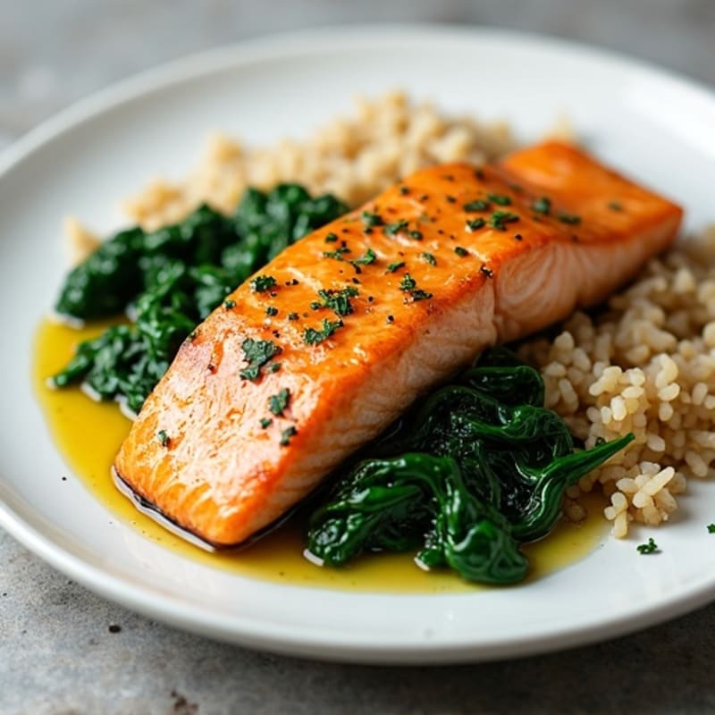 Seared Salmon with Garlic Sautéed Spinach and Brown Rice