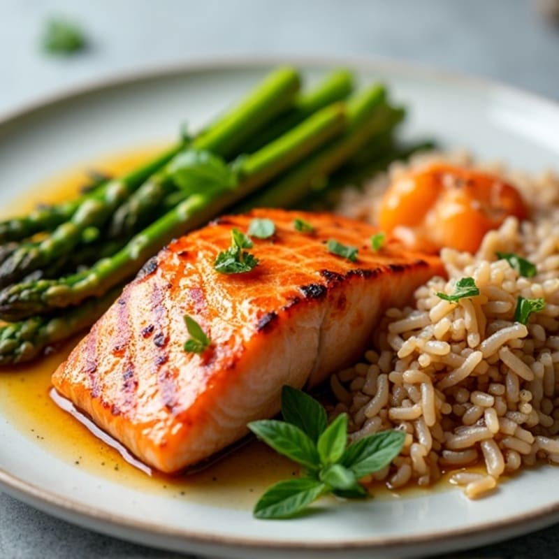 Seared Salmon with Steamed Asparagus and Brown Rice