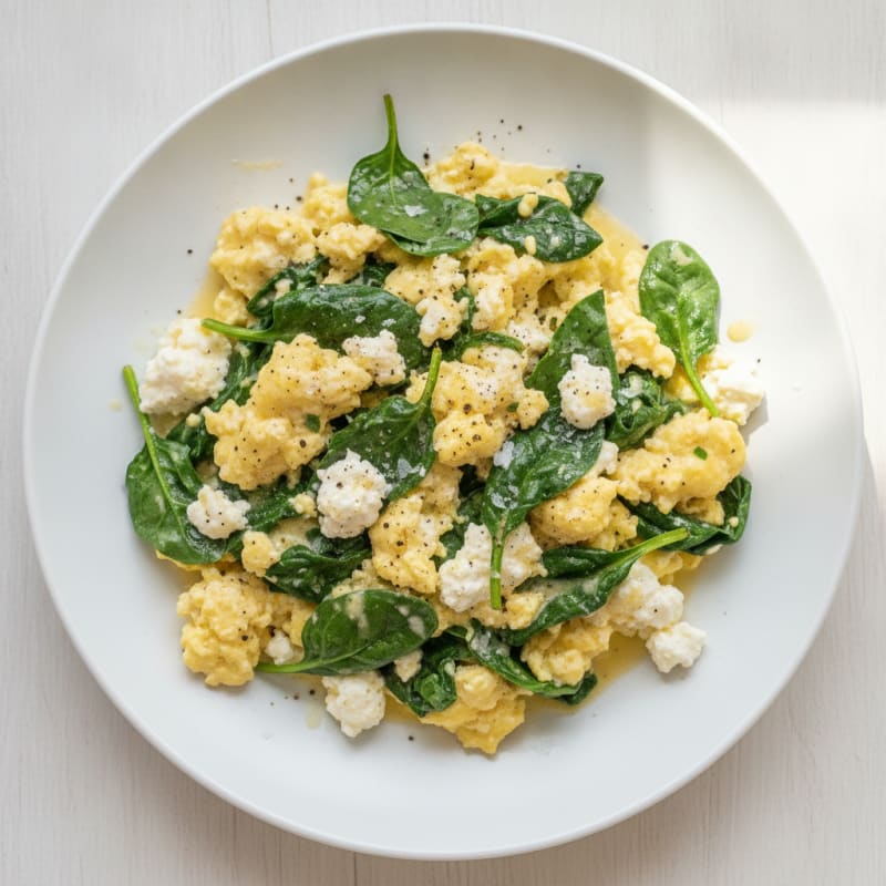 Scrambled Eggs with Cottage Cheese and Sautéed Spinach