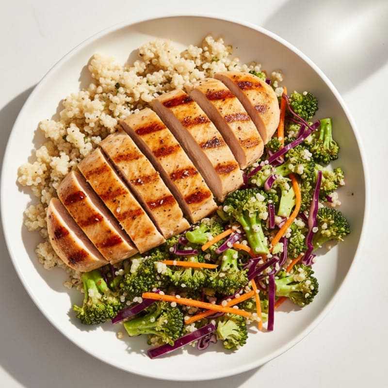 Grilled Chicken Breast with Crunchy Broccoli Slaw and Quinoa