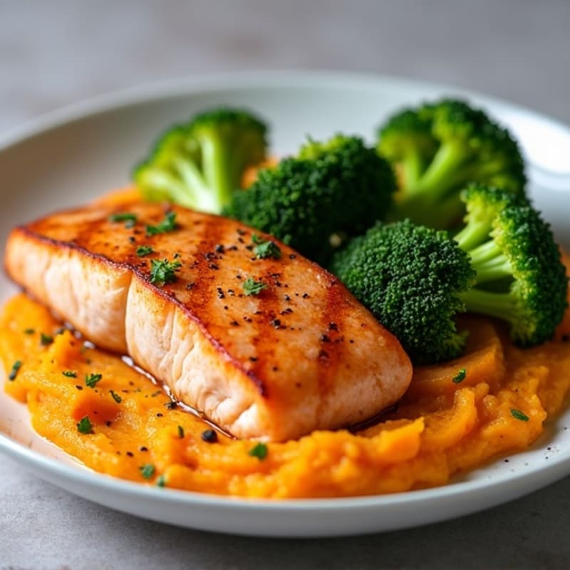 Seared Salmon with Roasted Broccoli and Sweet Potato Mash