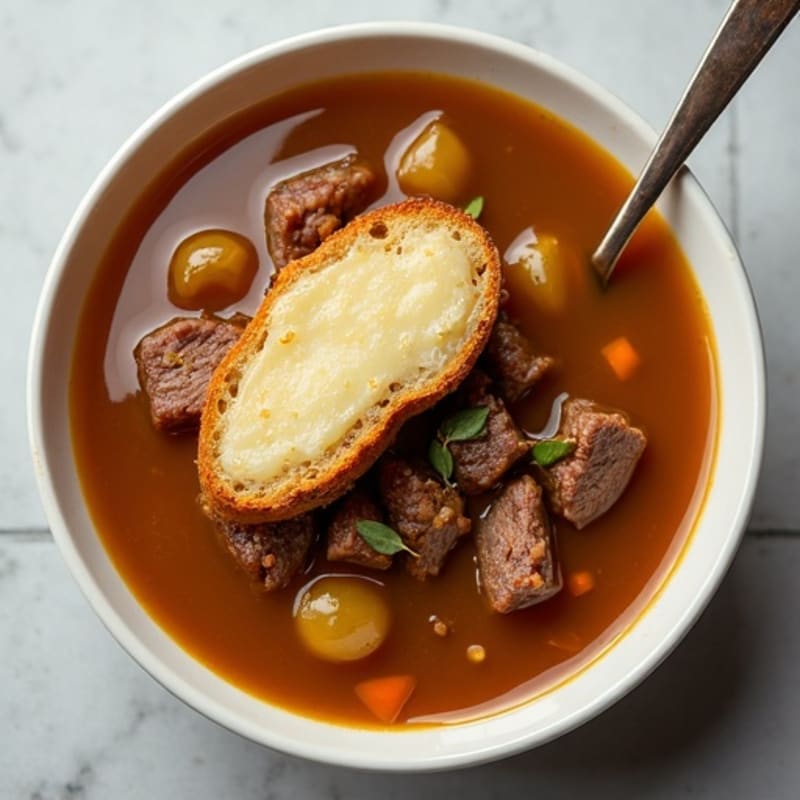 Hearty Caramelized Onion and Beef Broth Soup with Crispy Provolone Crostini