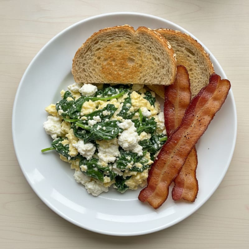 Cottage Cheese Scramble with Spinach and Turkey Bacon