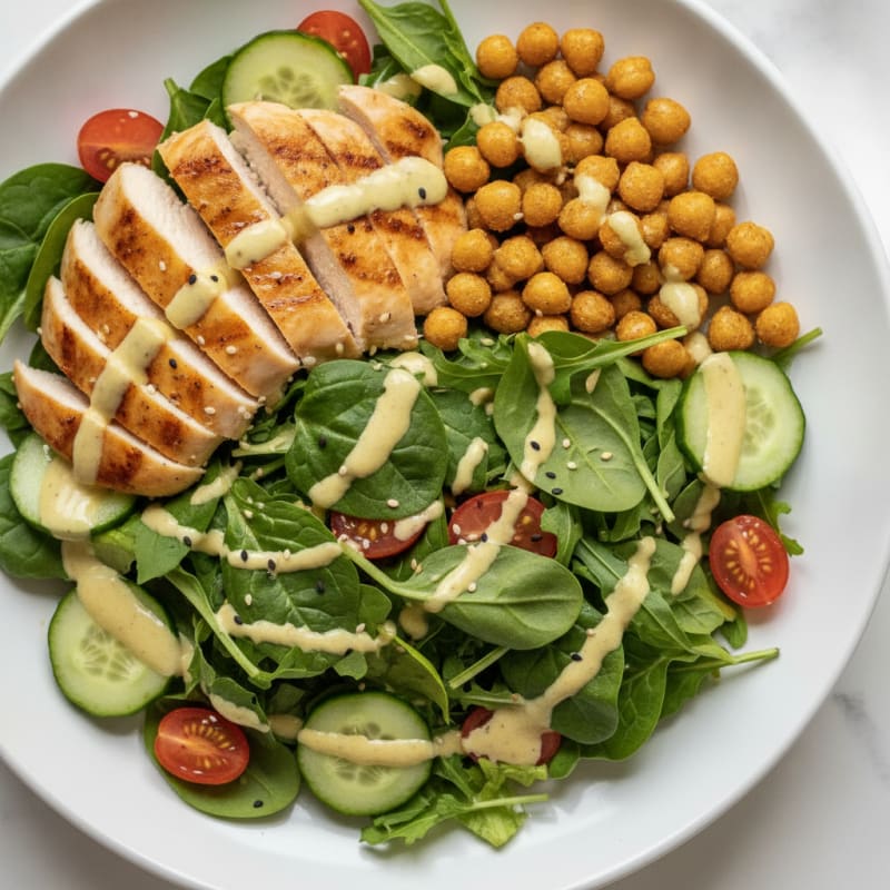 Grilled Chicken Breast Salad with Crunchy Chickpeas and Lemon-Tahini Dressing