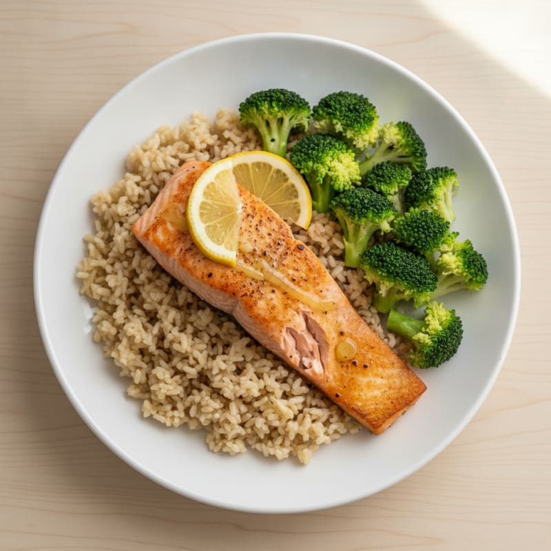 Seared Salmon with Steamed Broccoli and Brown Rice