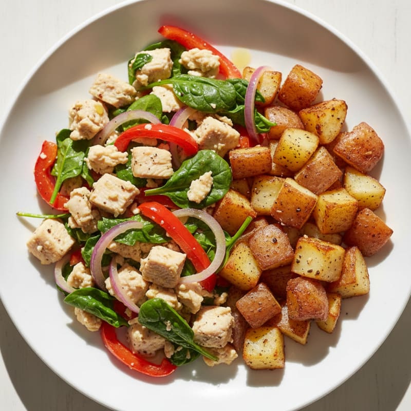 Egg White and Chicken Veggie Scramble with Roasted Potatoes