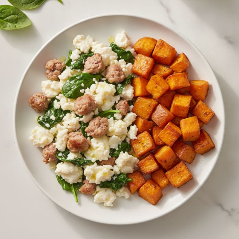 Egg White and Turkey Sausage Scramble with Spinach and Roasted Sweet Potatoes