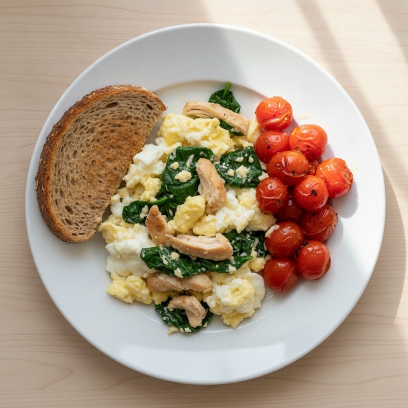Chicken and Spinach Egg White Scramble with Roasted Tomatoes