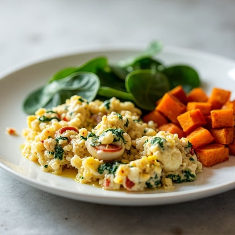 Egg White and Turkey Spinach Scramble with Roasted Sweet Potatoes