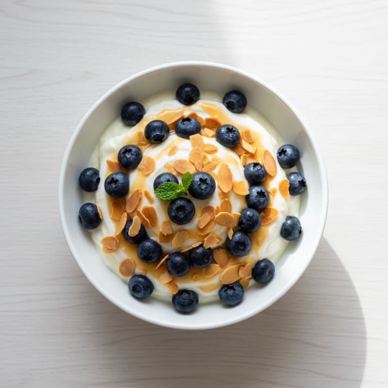 Vanilla Greek Yogurt Protein Parfait with Almonds and Blueberries