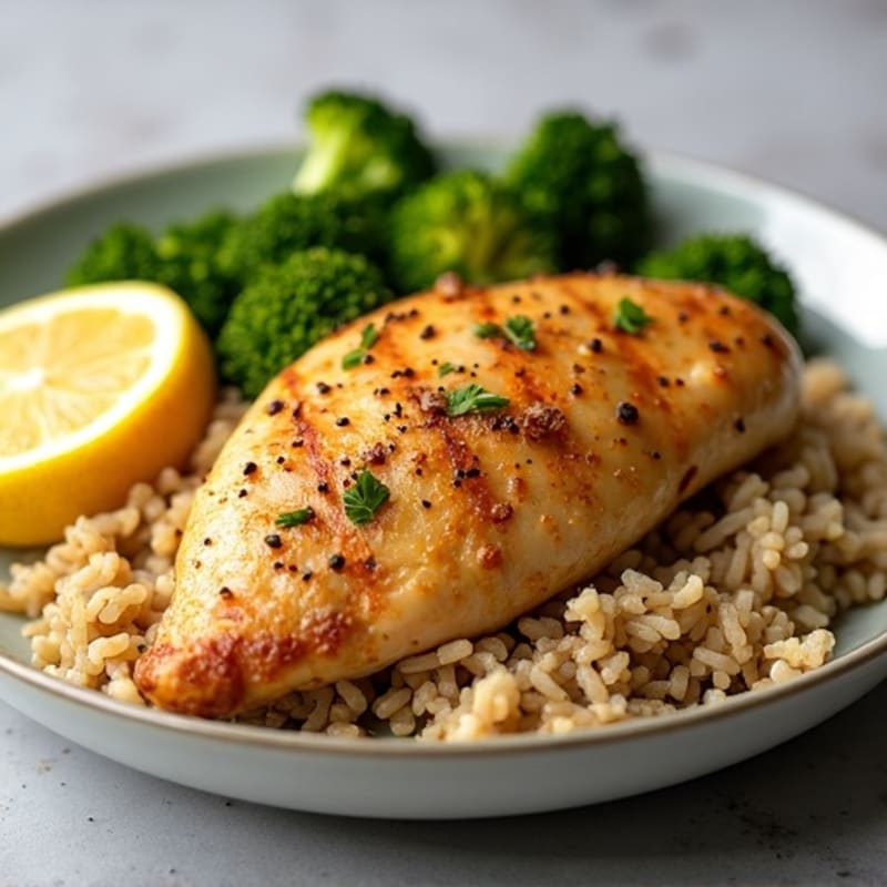 Lemon Garlic Roasted Chicken with Crispy Broccoli and Brown Rice