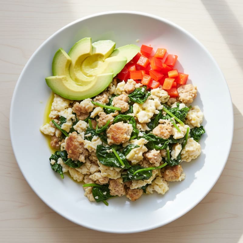 Egg White and Turkey Sausage Scramble with Sautéed Spinach