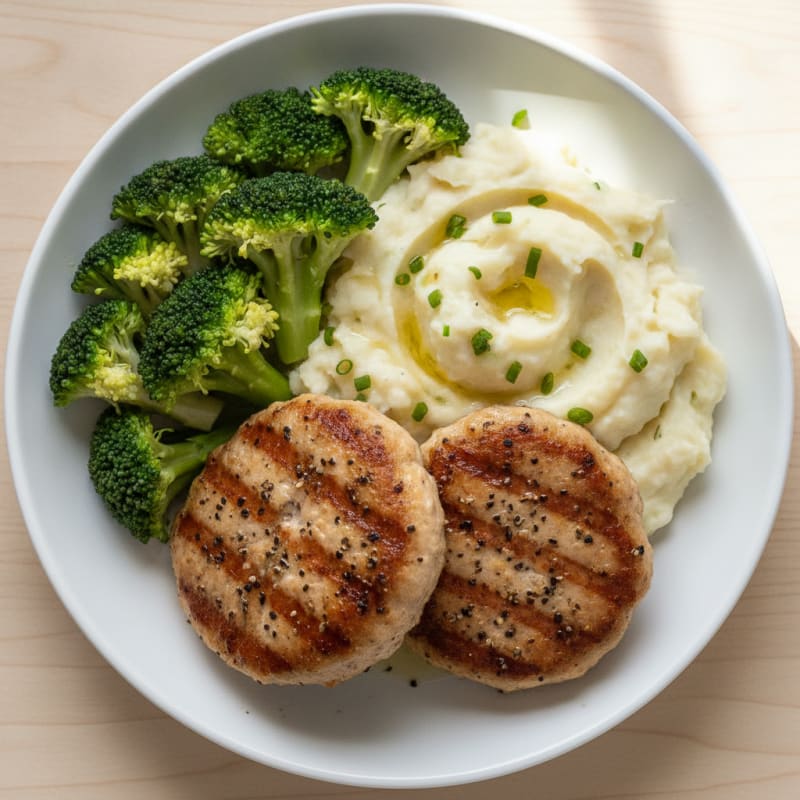 Seared Turkey Patties with Garlic Mashed Potatoes and Steamed Broccoli