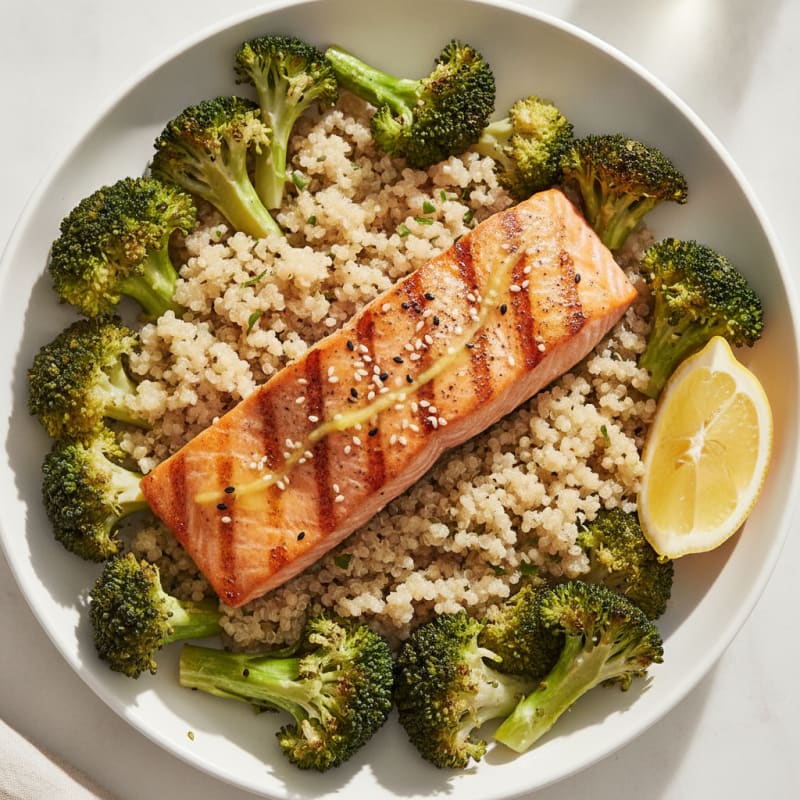 Seared Salmon with Roasted Broccoli and Quinoa