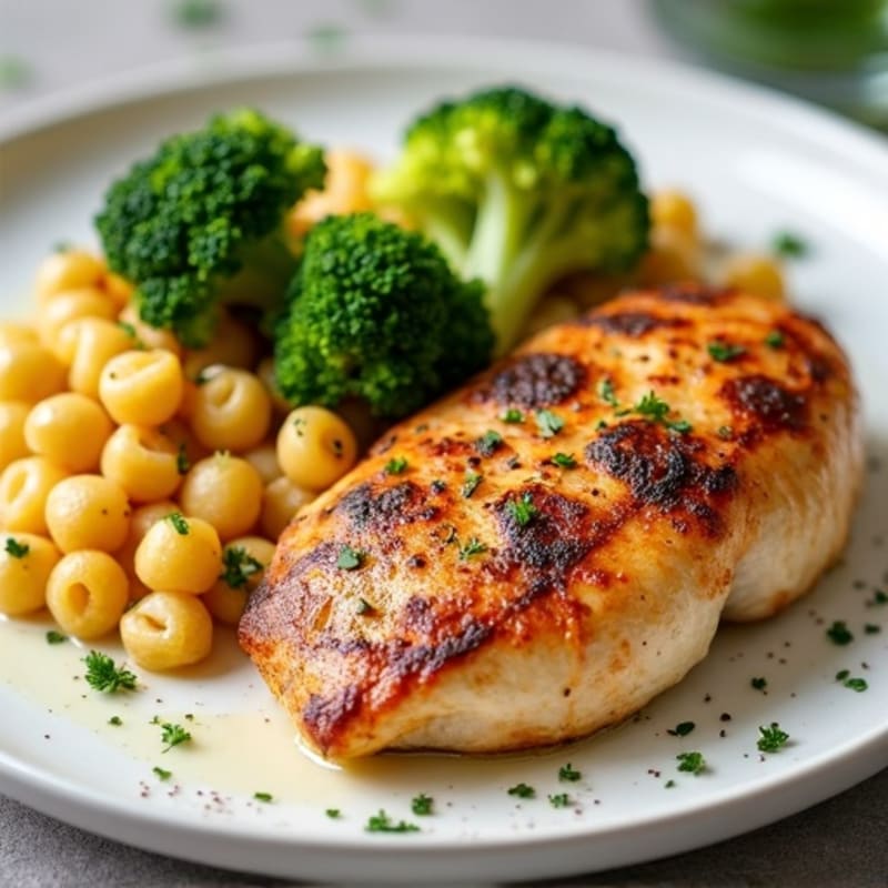 Seared Chicken with High-Protein Chickpea Pasta and Roasted Broccoli