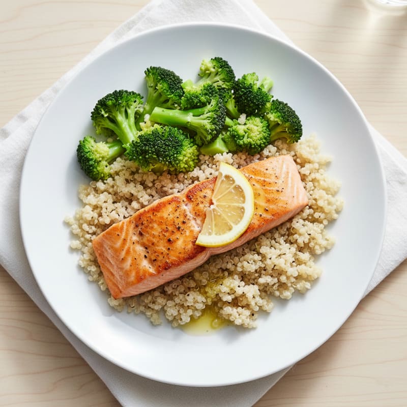 Seared Salmon Fillet with Steamed Broccoli and Quinoa