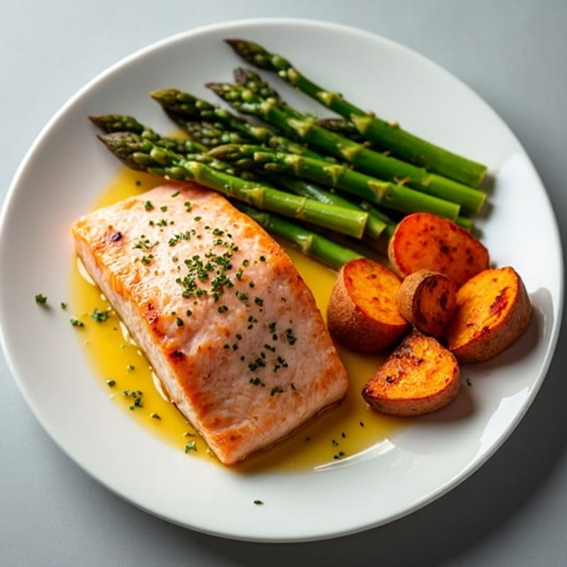 Flaky Baked Salmon with Roasted Asparagus and Sweet Potatoes